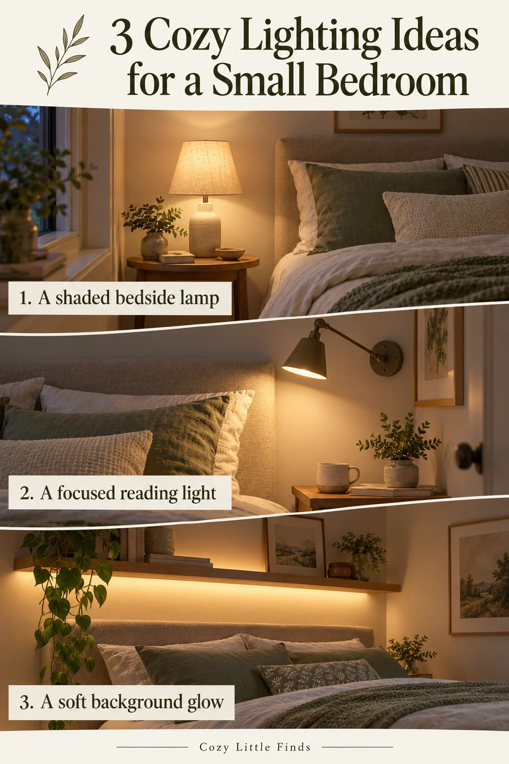 Three labeled bedroom scenes show a shaded bedside lamp, a wall-mounted reading light and a concealed shelf glow.
