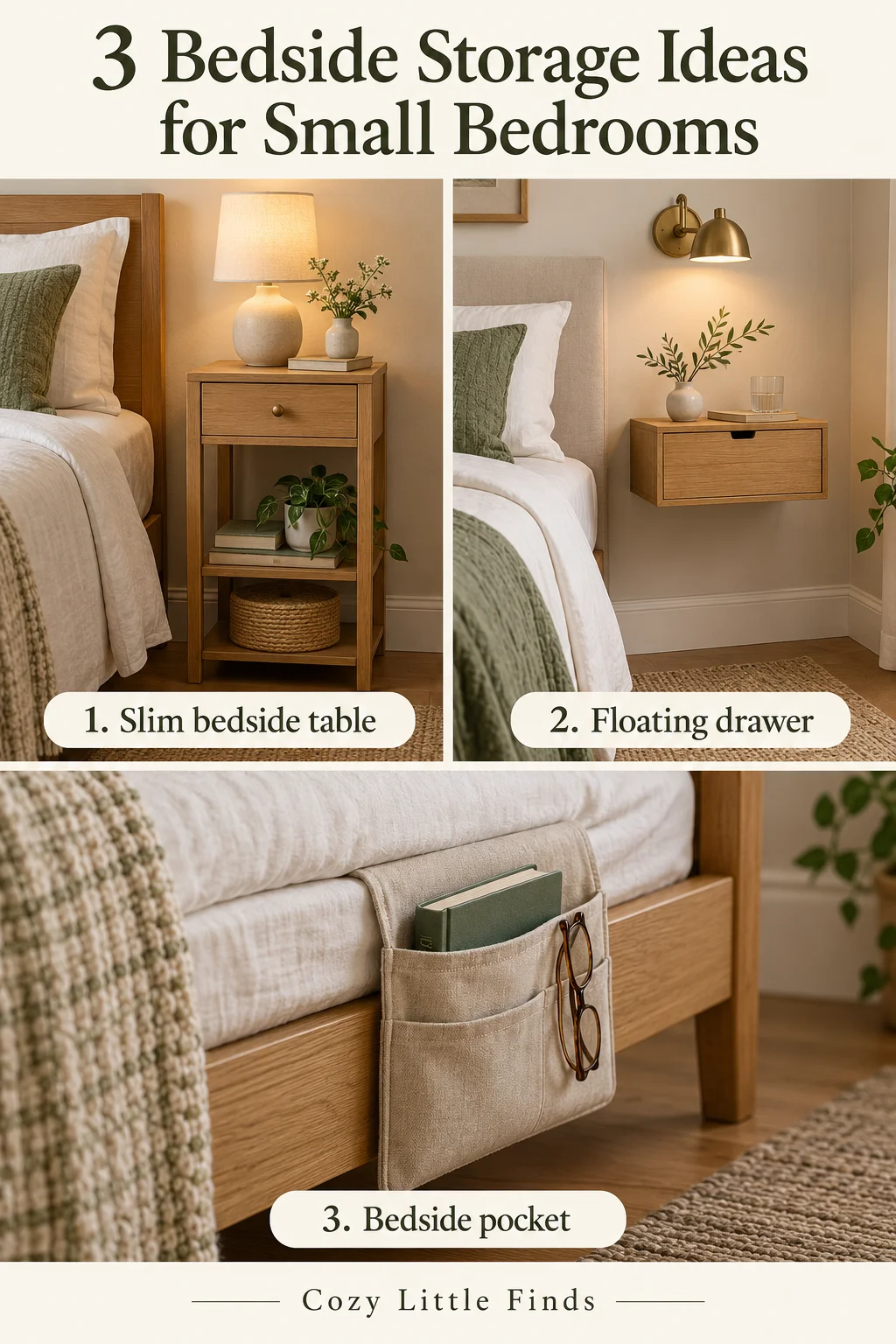 Three labeled scenes show a slim oak bedside table, a wall-mounted floating drawer and a fabric bedside pocket.