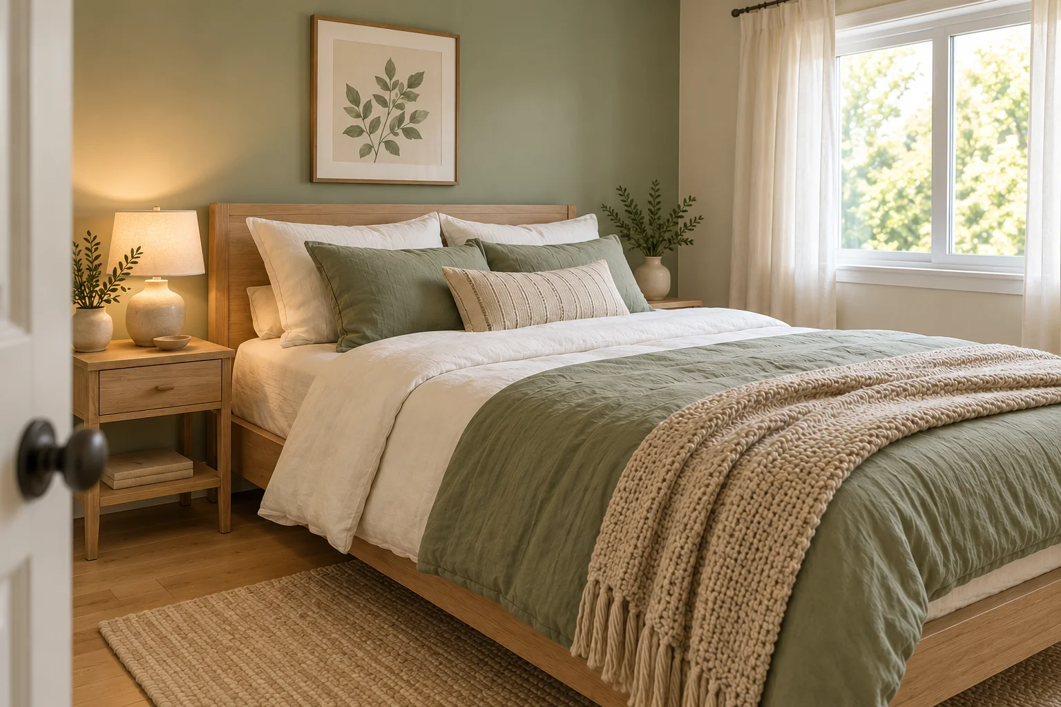 A compact bedroom with ivory bedding, muted sage textiles, an oak bed and bedside table, and an oatmeal knitted throw.